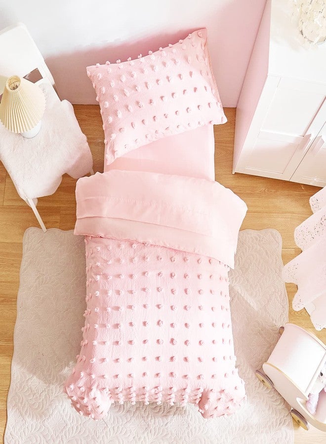 Flysheep 4 Pieces Tufted Dots Toddler Bedding Set Solid Pink Jacquard Pom Pom Tufts, Soft and Embroidery Shabby Chic Boho Design for Baby Girls, Includes Comforter, Flat Sheet, Fitted Sheet and Pillowcase - Image 3