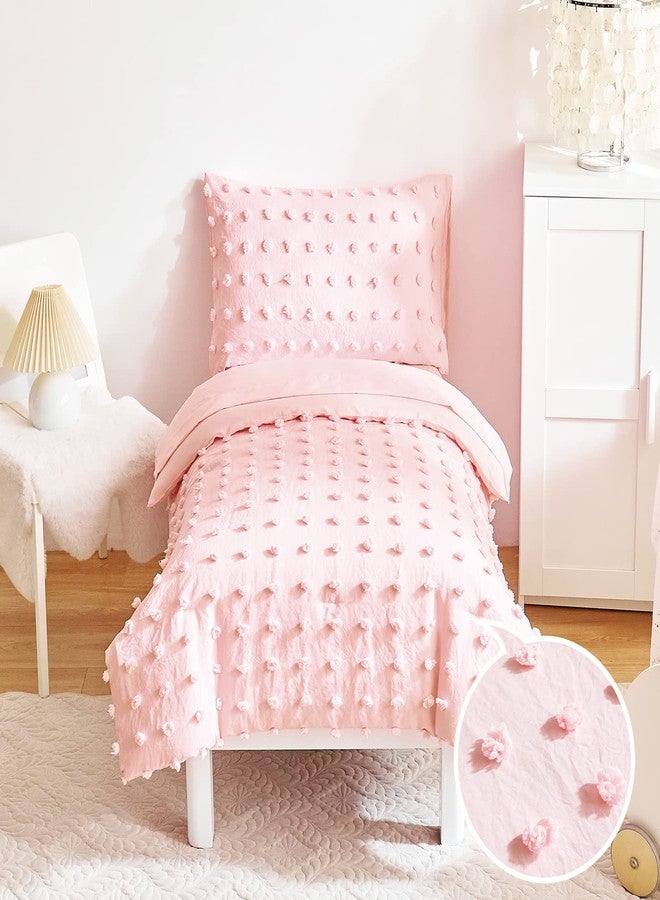 Flysheep 4 Pieces Tufted Dots Toddler Bedding Set Solid Pink Jacquard Pom Pom Tufts, Soft and Embroidery Shabby Chic Boho Design for Baby Girls, Includes Comforter, Flat Sheet, Fitted Sheet and Pillowcase - Image 1