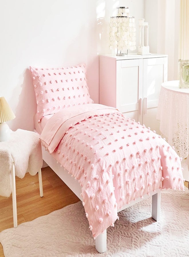 Flysheep 4 Pieces Tufted Dots Toddler Bedding Set Solid Pink Jacquard Pom Pom Tufts, Soft and Embroidery Shabby Chic Boho Design for Baby Girls, Includes Comforter, Flat Sheet, Fitted Sheet and Pillowcase - Image 2