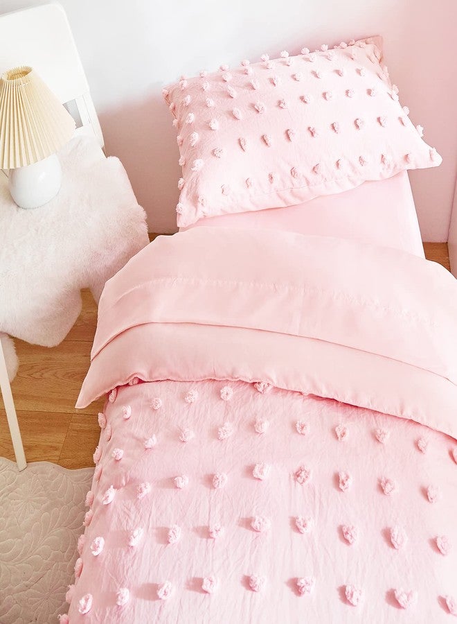 Flysheep 4 Pieces Tufted Dots Toddler Bedding Set Solid Pink Jacquard Pom Pom Tufts, Soft and Embroidery Shabby Chic Boho Design for Baby Girls, Includes Comforter, Flat Sheet, Fitted Sheet and Pillowcase - Image 4