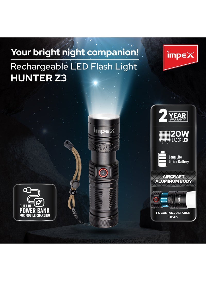 إمبكس كشاف يدوي قابل لإعادة الشحن من Impex، 20 واط ليزر LED، 1000 لومن، تركيز قابل للتعديل، بطارية 6600mAh، شحن Type-C، جسم من الألمنيوم المقاوم للتآكل، ضمان سنتين – Hunter Z3 - Image 4
