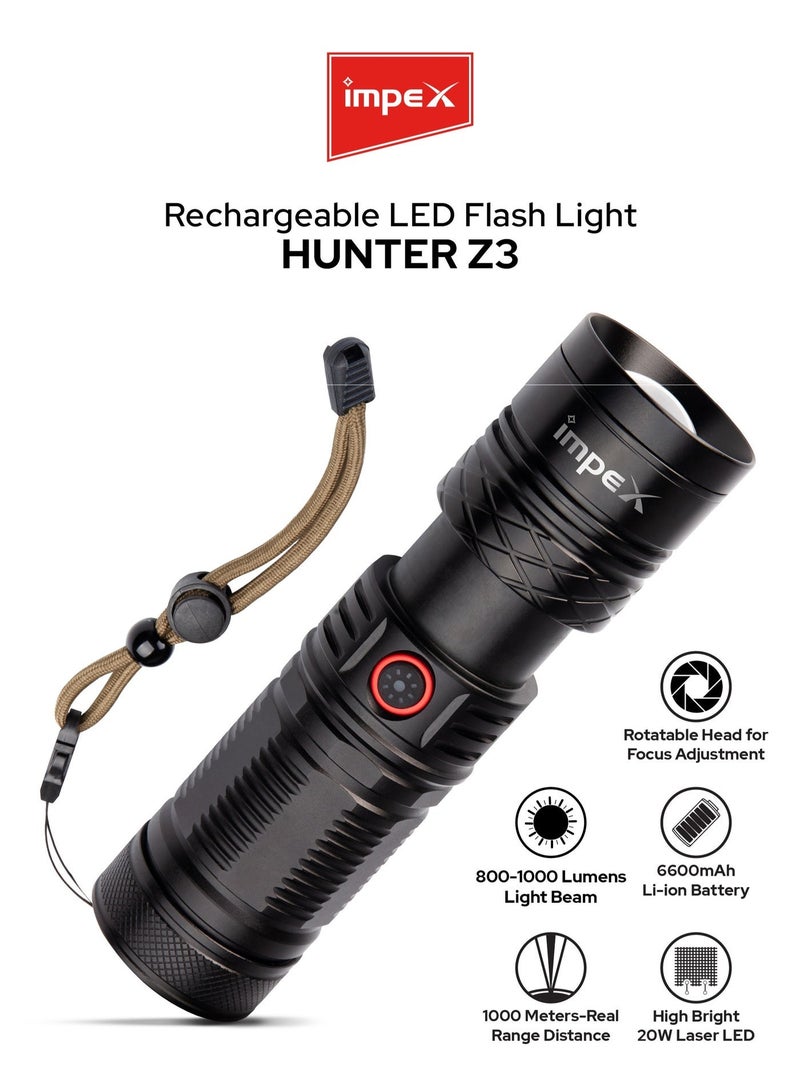 إمبكس كشاف يدوي قابل لإعادة الشحن من Impex، 20 واط ليزر LED، 1000 لومن، تركيز قابل للتعديل، بطارية 6600mAh، شحن Type-C، جسم من الألمنيوم المقاوم للتآكل، ضمان سنتين – Hunter Z3 - Image 2