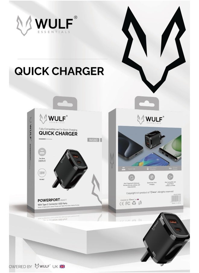 Wulf Essentials WULF W080 38W Dual Port Quick Charger – USB-A & Type-C Fast Charging Adapter 