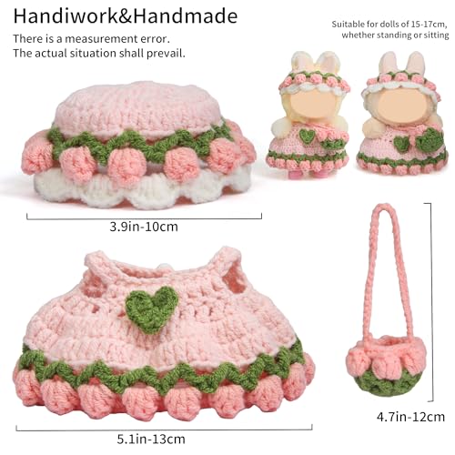 Voccim Handmade Crochet 17cm Doll Clothes 3PCS Doll Outfites Include Hats and Bag Cute Dolls Clothing Adorable Dress Up 15cm17cm Dolls Accessories for Gift Pink - Image 5