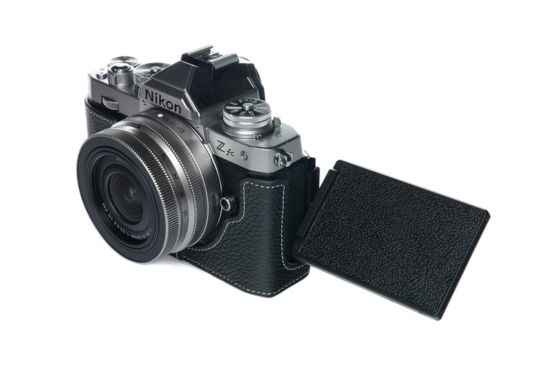 BolinUS Z fc Zfc Camera Case, BolinUS Handmade Genuine Real Leather Half Camera Case Bag Cover for Nikon Z fc Zfc Camera Bottom Opening Version + Hand Strap (Black) - Image 5