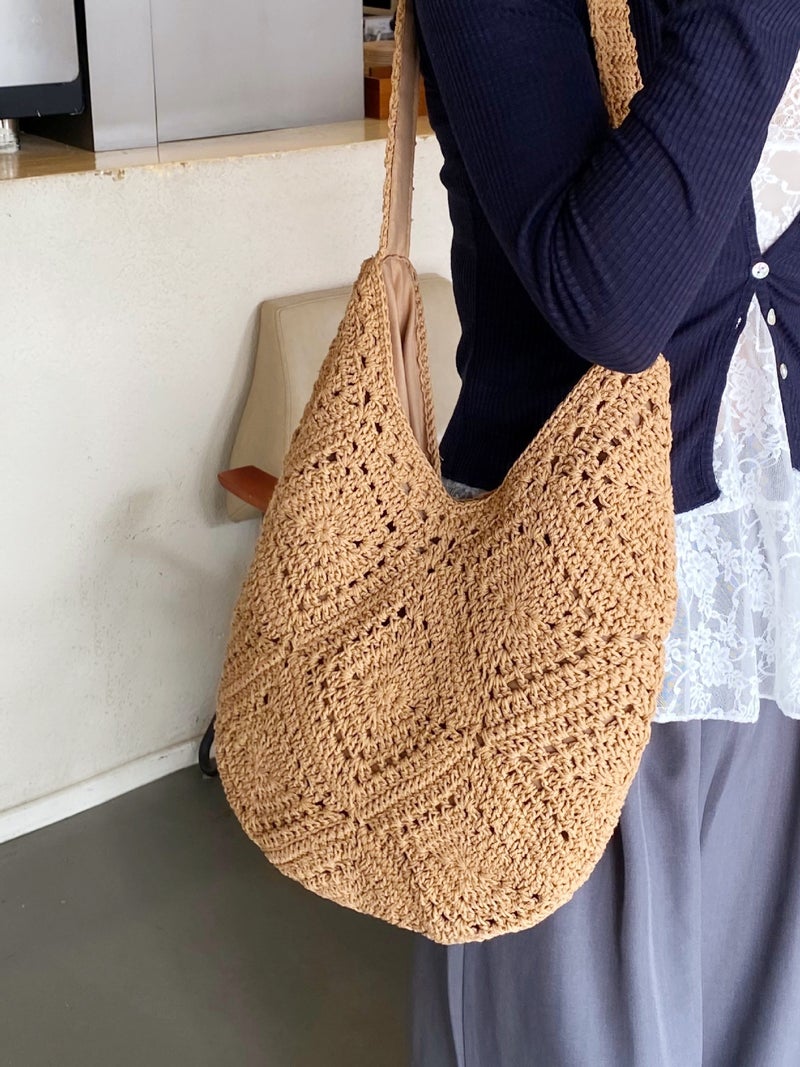 Handmade Crocheted Grandmother Lattice Hollow Flower Woven Bag Vacation Straw Tote Bag Large Capacity Commuter Shoulder Bag - Image 3