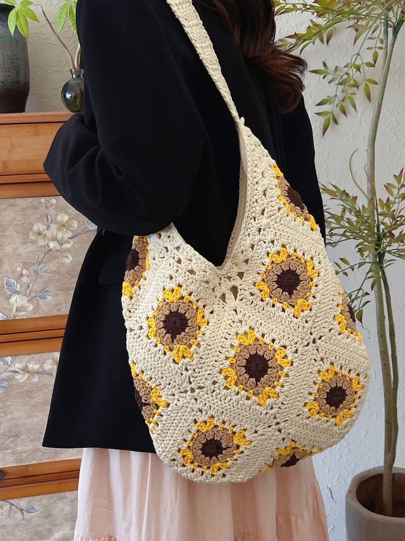 Handmade Crocheted Grandmother Lattice Hollow Flower Woven Bag Vacation Straw Tote Bag Large Capacity Commuter Shoulder Bag - Image 5