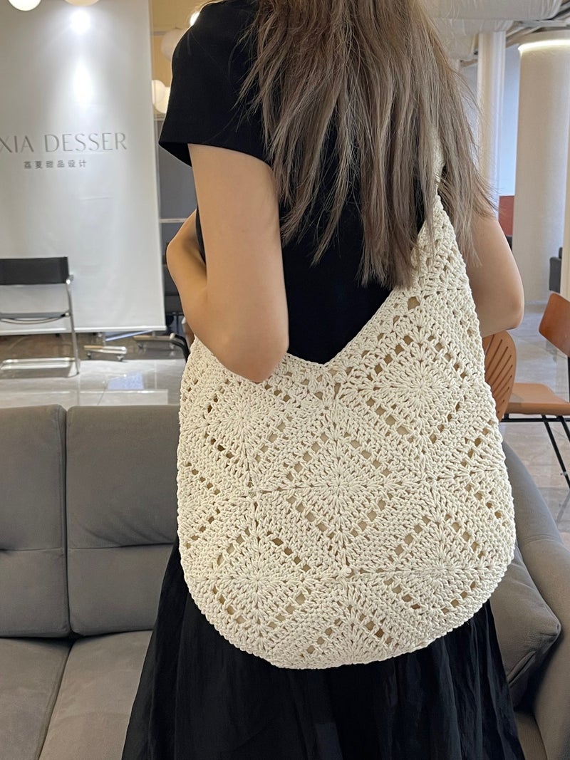 Handmade Crocheted Grandmother Lattice Hollow Flower Woven Bag Vacation Straw Tote Bag Large Capacity Commuter Shoulder Bag - Image 4