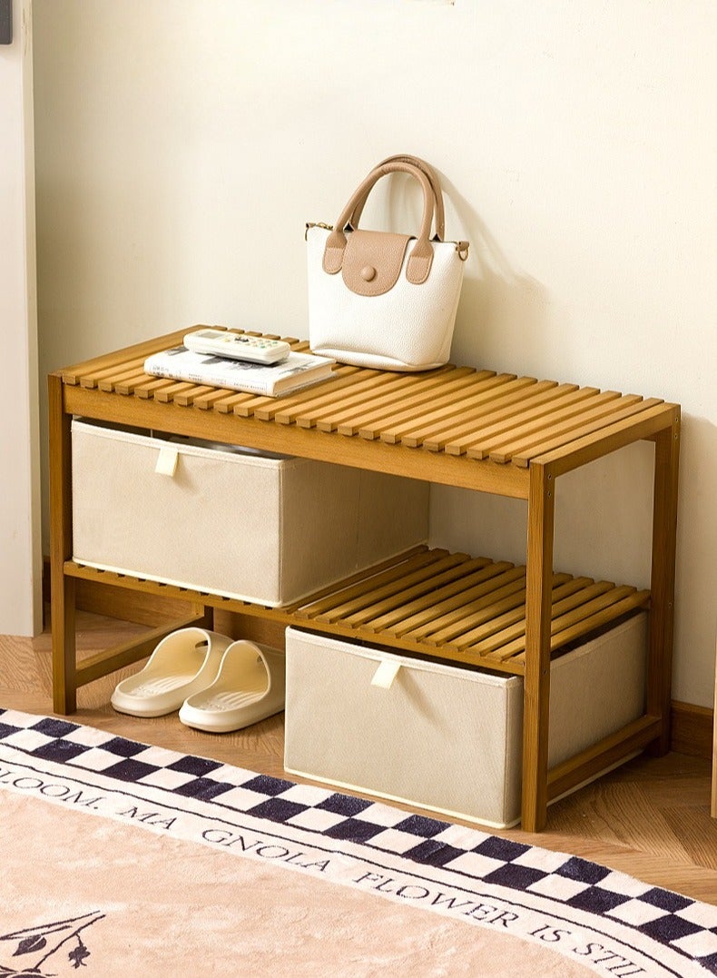 والالا حامل أحذية من الخيزران 2 في 1 مع مساحة تخزين ومقعد، منظم صغير من طبقتين للأثاث الخشبي، للمدخل، الرواق، غرفة المعيشة، الحمام، المرآب، غرفة النوم، الاستخدام الداخلي والخارجي، 70*32*44 سم - Image 1