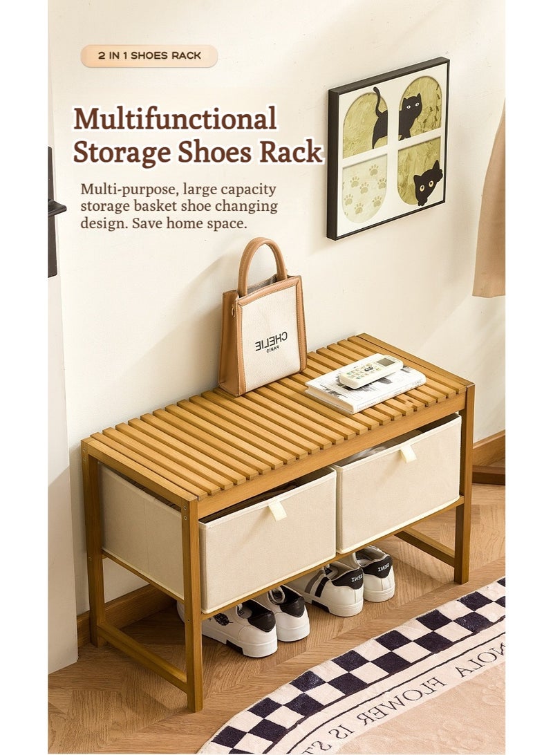 والالا حامل أحذية من الخيزران 2 في 1 مع مساحة تخزين ومقعد، منظم صغير من طبقتين للأثاث الخشبي، للمدخل، الرواق، غرفة المعيشة، الحمام، المرآب، غرفة النوم، الاستخدام الداخلي والخارجي، 70*32*44 سم - Image 4