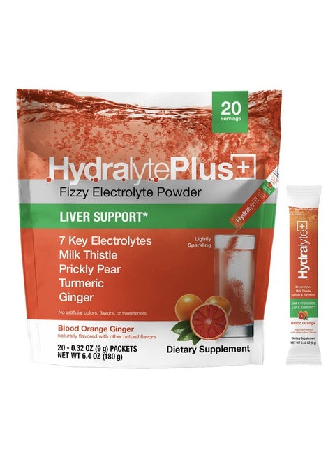 Electrolytes Plus Liver Support Lightly Sparkling Blood Orange Ginger Hydration Packets For Late Night Recovery With Milk Thistle Low Sugar Electrolyte Powder (6.4Oz 20 Count/ 180 G)