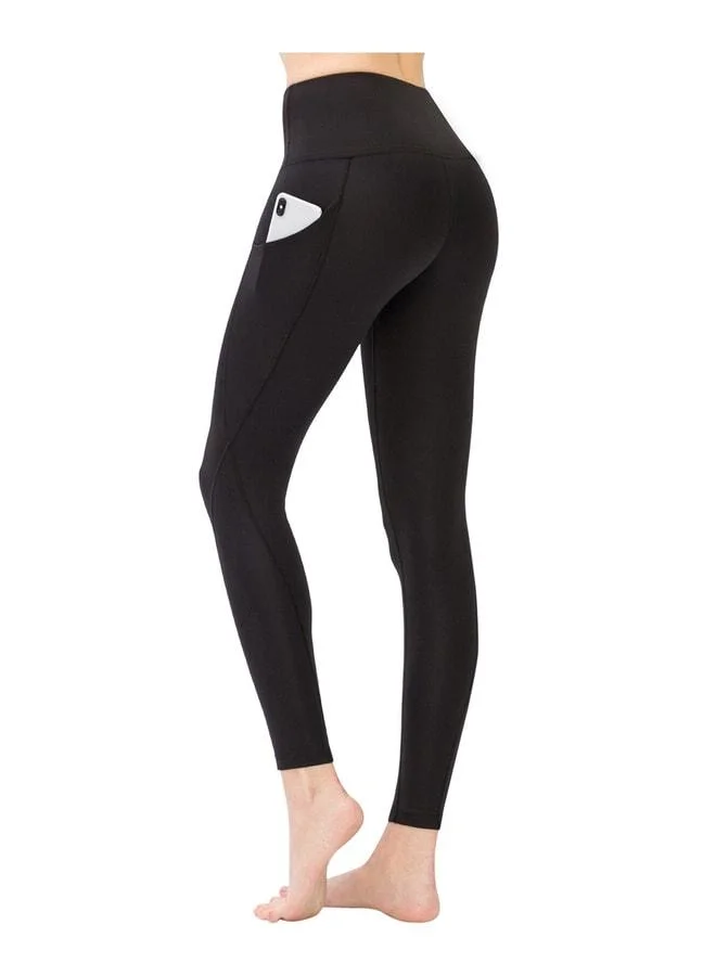 Los Ojos Women's Black High-Waist Double Pocket Shaping Sports Leggings.
