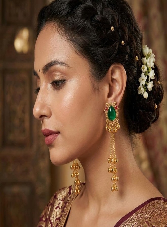 KHUSHA CREATIONS Green Stone Traditional Jhumka Kashmiri Earrings for Women & Girls | Ethnic Temple Style Drop Earrings With Gungroo | Wedding, Party & Festive Jewellery - Image 5