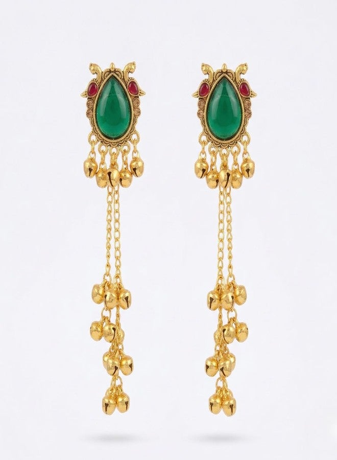 KHUSHA CREATIONS Green Stone Traditional Jhumka Kashmiri Earrings for Women & Girls | Ethnic Temple Style Drop Earrings With Gungroo | Wedding, Party & Festive Jewellery - Image 2