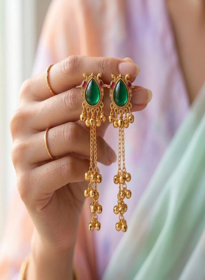 KHUSHA CREATIONS Green Stone Traditional Jhumka Kashmiri Earrings for Women & Girls | Ethnic Temple Style Drop Earrings With Gungroo | Wedding, Party & Festive Jewellery - Image 4
