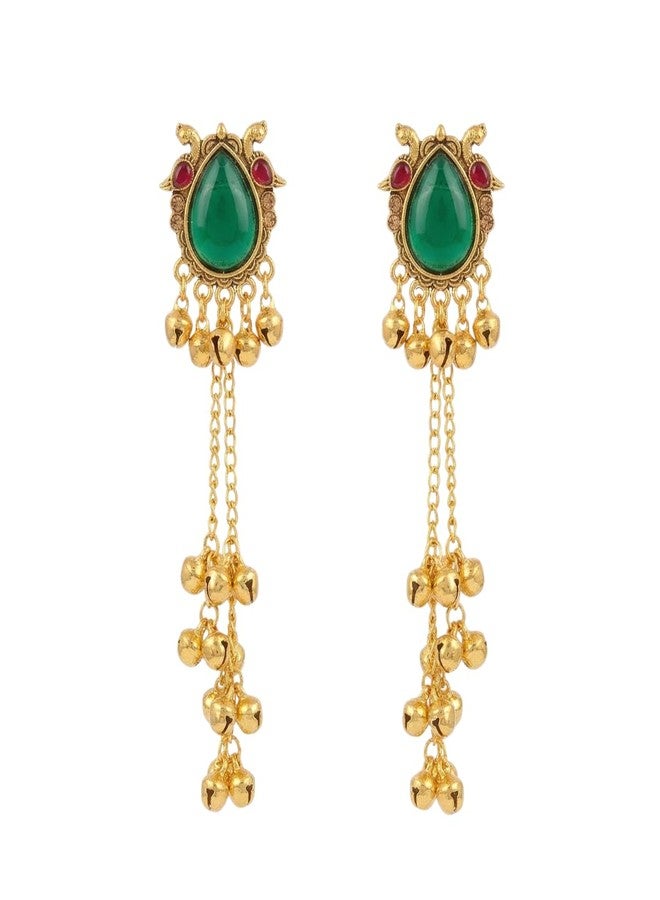 KHUSHA CREATIONS Green Stone Traditional Jhumka Kashmiri Earrings for Women & Girls | Ethnic Temple Style Drop Earrings With Gungroo | Wedding, Party & Festive Jewellery - Image 1