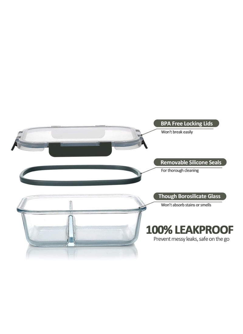 TYCOM Glass Meal Prep Containers 2 Compartment (5 Pack, 950ML) - Glass Food Storage Containers with Lids, Glass Lunch Box, Portion Control, Airtight, Glass Bento Box Lunch Containers- 5P  - Image 2