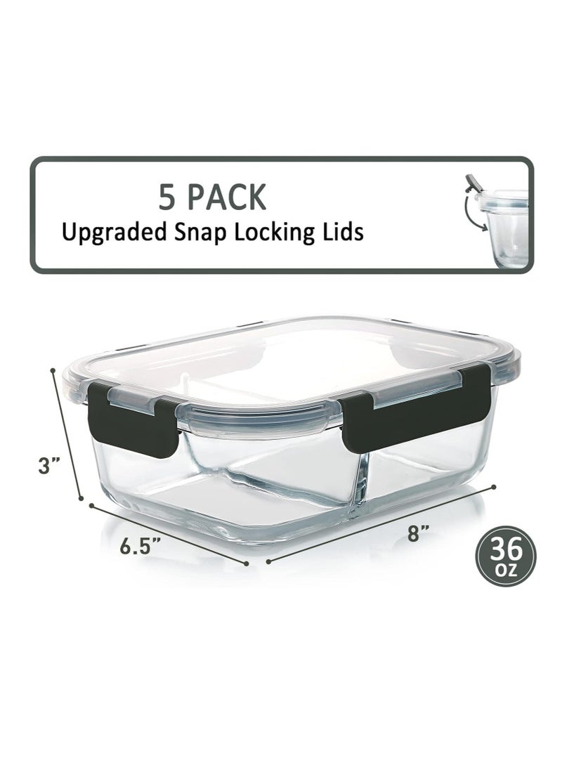 TYCOM Glass Meal Prep Containers 2 Compartment (5 Pack, 950ML) - Glass Food Storage Containers with Lids, Glass Lunch Box, Portion Control, Airtight, Glass Bento Box Lunch Containers- 5P  - Image 3