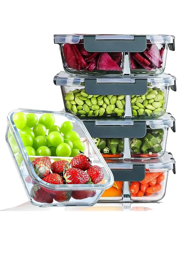 TYCOM Glass Meal Prep Containers 2 Compartment (5 Pack, 950ML) - Glass Food Storage Containers with Lids, Glass Lunch Box, Portion Control, Airtight, Glass Bento Box Lunch Containers- 5P  - Image 1