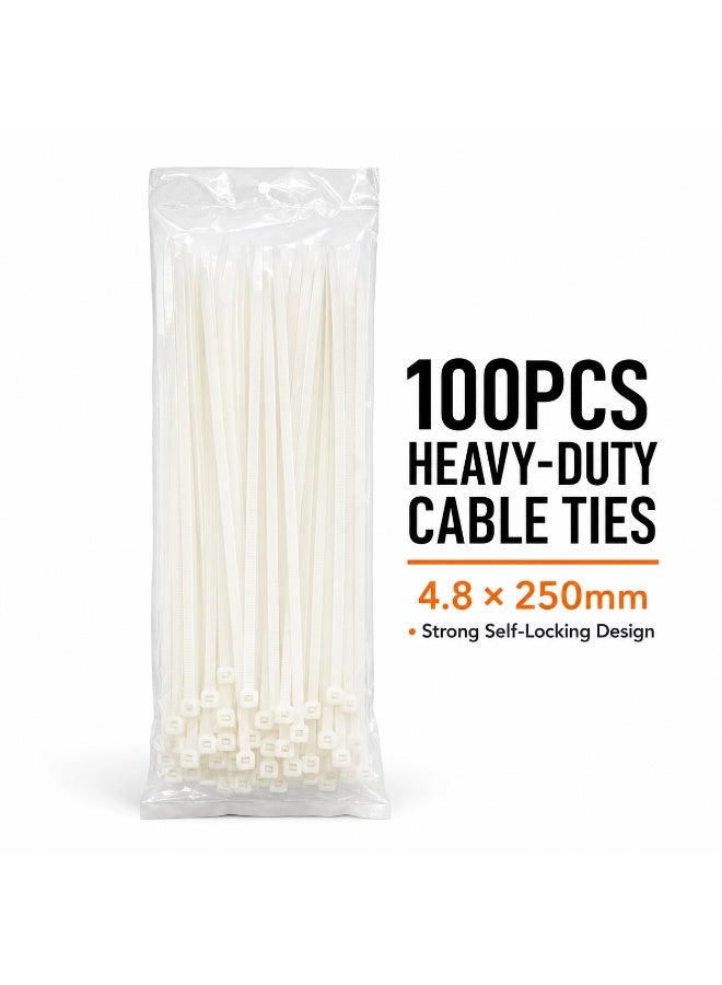 100PCS Heavy Duty White Nylon Cable Ties 250mm × 4.8mm, Extra Wide Self-Locking Zip Ties for Electrical Wires, Home, Garden, Automotive, Workshop and DIY Organization - Image 3