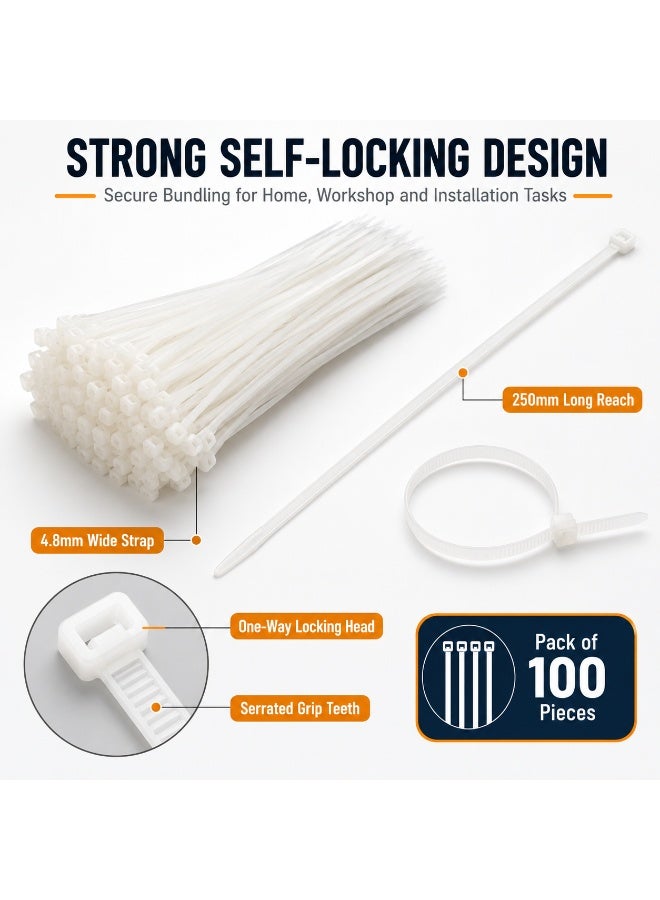 100PCS Heavy Duty White Nylon Cable Ties 250mm × 4.8mm, Extra Wide Self-Locking Zip Ties for Electrical Wires, Home, Garden, Automotive, Workshop and DIY Organization - Image 2