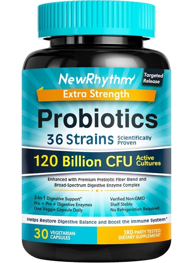 NewRhythm Vegan Non-GMO Extra Strength Probiotics - 120 Billion CFU 36 Strains - Image 1