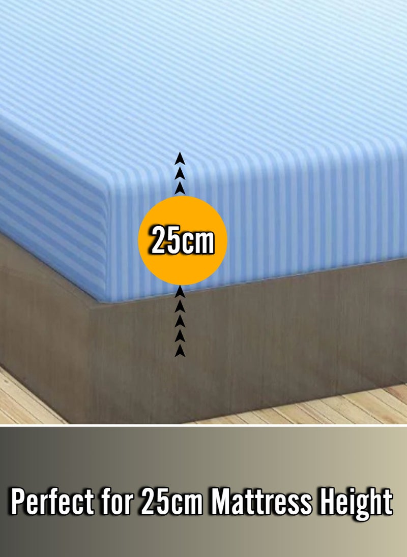 Blueberry Sky Blue Cotton Double Striped Fitted Elastic Pack of 3 Bedsheet 150x200+25cm  - Image 2