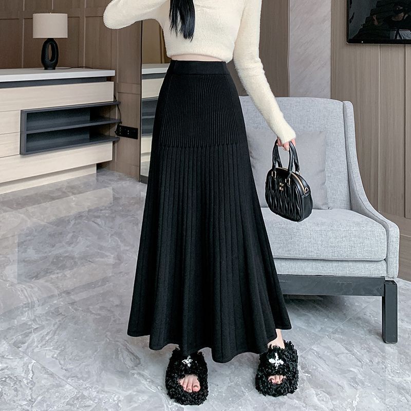 Knitted Pleated Skirt Womens Autumn and Winter 2025 New Elasto High Waist Slim-fit A- line Hip Fishtail Long Dress Black [counter quality]