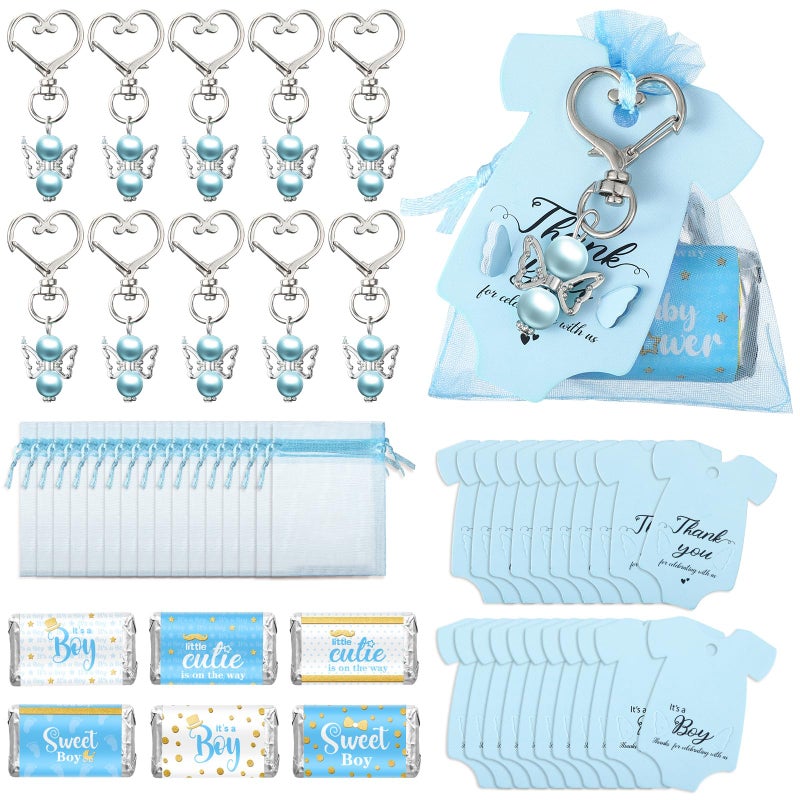 Teling 50 Sets Baby Shower Party Favors Baby Shower Angel Keychains Label Sticker Cards Organza Bags for Baptism Party(Blue) - Image 1