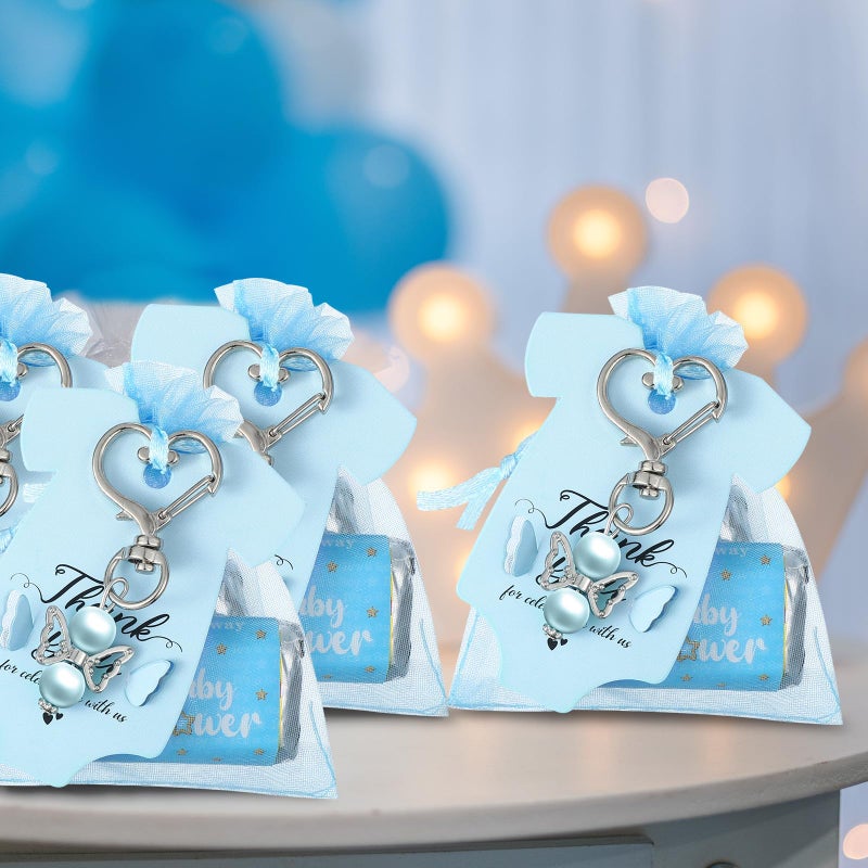 Teling 50 Sets Baby Shower Party Favors Baby Shower Angel Keychains Label Sticker Cards Organza Bags for Baptism Party(Blue) - Image 4