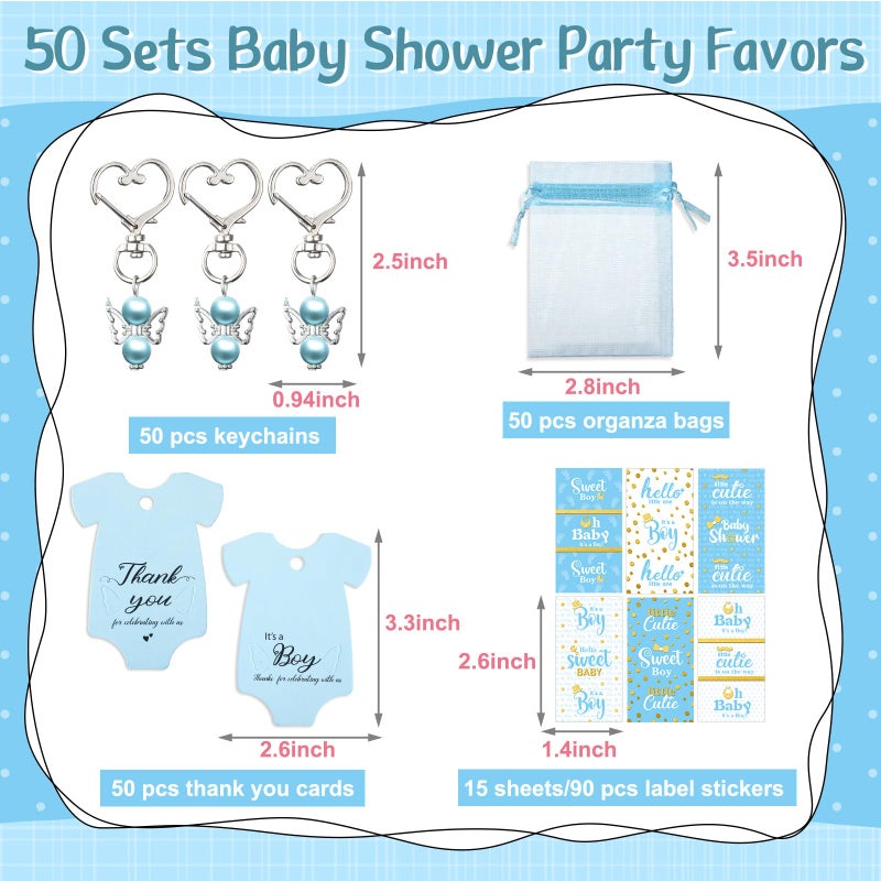 Teling 50 Sets Baby Shower Party Favors Baby Shower Angel Keychains Label Sticker Cards Organza Bags for Baptism Party(Blue) - Image 2