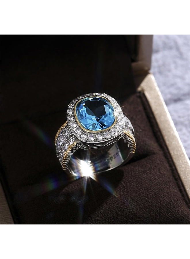 AZQ 925 Sterling Silver Shiny Full Diamond Ring 18K Gold Sapphire Cocktail Ring Blue Cubic Zirconia Promise Ring CZ Diamond Multi Row Ring Eternity Engagement Wedding Band Ring for Women Z.58 (US Code 7) - Image 3