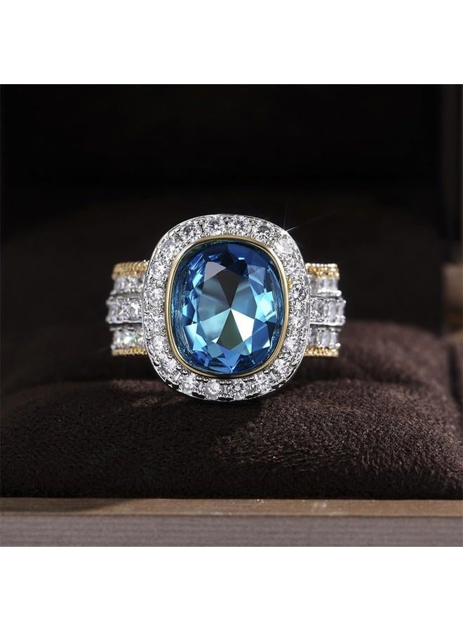 AZQ 925 Sterling Silver Shiny Full Diamond Ring 18K Gold Sapphire Cocktail Ring Blue Cubic Zirconia Promise Ring CZ Diamond Multi Row Ring Eternity Engagement Wedding Band Ring for Women Z.58 (US Code 7) - Image 2