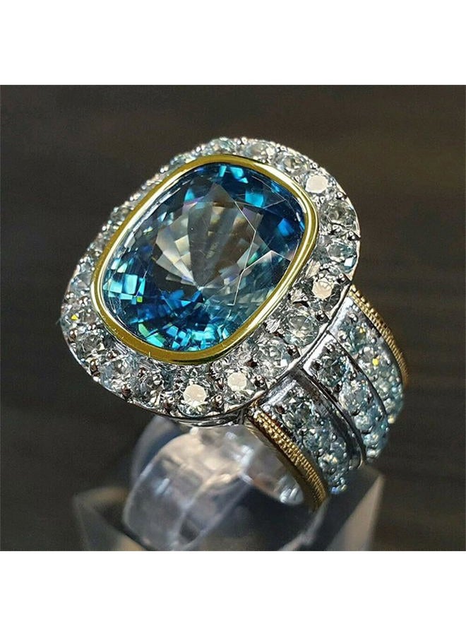 AZQ 925 Sterling Silver Shiny Full Diamond Ring 18K Gold Sapphire Cocktail Ring Blue Cubic Zirconia Promise Ring CZ Diamond Multi Row Ring Eternity Engagement Wedding Band Ring for Women Z.58 (US Code 7) - Image 1