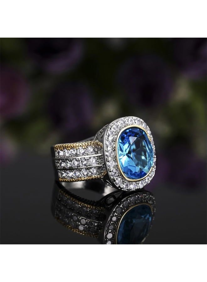 AZQ 925 Sterling Silver Shiny Full Diamond Ring 18K Gold Sapphire Cocktail Ring Blue Cubic Zirconia Promise Ring CZ Diamond Multi Row Ring Eternity Engagement Wedding Band Ring for Women Z.58 (US Code 7) - Image 4