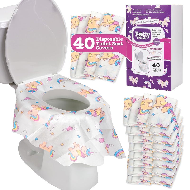 Potty Shields Toilet Seat Covers Disposable 40 pk Unicorns  XL Waterproof Toilet Cover for Toddlers Kids  Adults  Portable  Individually Wrapped for Travel Potty Training Public Restrooms - Image 1