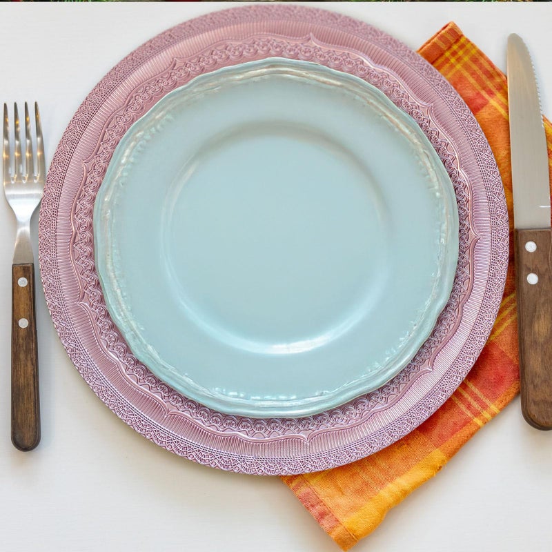 Brightalk 13" Foil-Pink Charger Plates, Lace Embossed Elegant Charger Plate Set of 6, Round Server Ware Chargers for Dinner Plate, Reusable Bulk Table Setting for Party or Event - Image 5