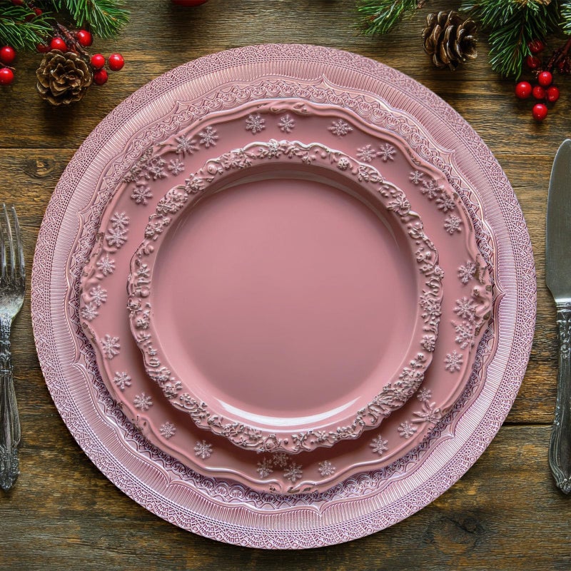 Brightalk 13" Foil-Pink Charger Plates, Lace Embossed Elegant Charger Plate Set of 6, Round Server Ware Chargers for Dinner Plate, Reusable Bulk Table Setting for Party or Event - Image 4