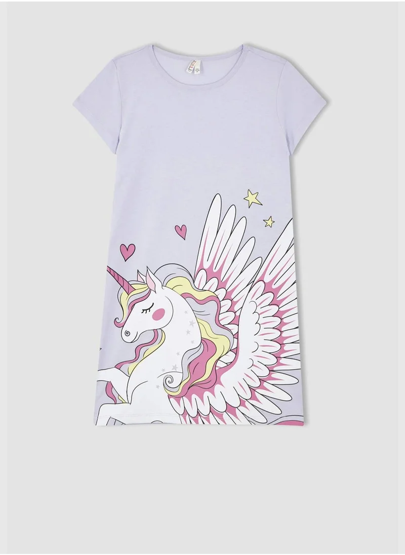 ديفاكتو Regular Fit Short Sleeve Unicorn Print Mini Dress