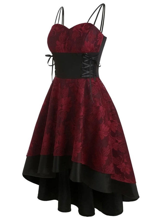 FEOYA Women's Vintage Steampunk Dress Spaghetti Strap Bandage Dresses Floral Lace High Low Dress Lolita Halloween Costumes, A-red, XL - Image 1