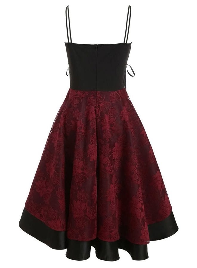 FEOYA Women's Vintage Steampunk Dress Spaghetti Strap Bandage Dresses Floral Lace High Low Dress Lolita Halloween Costumes, A-red, XL - Image 3
