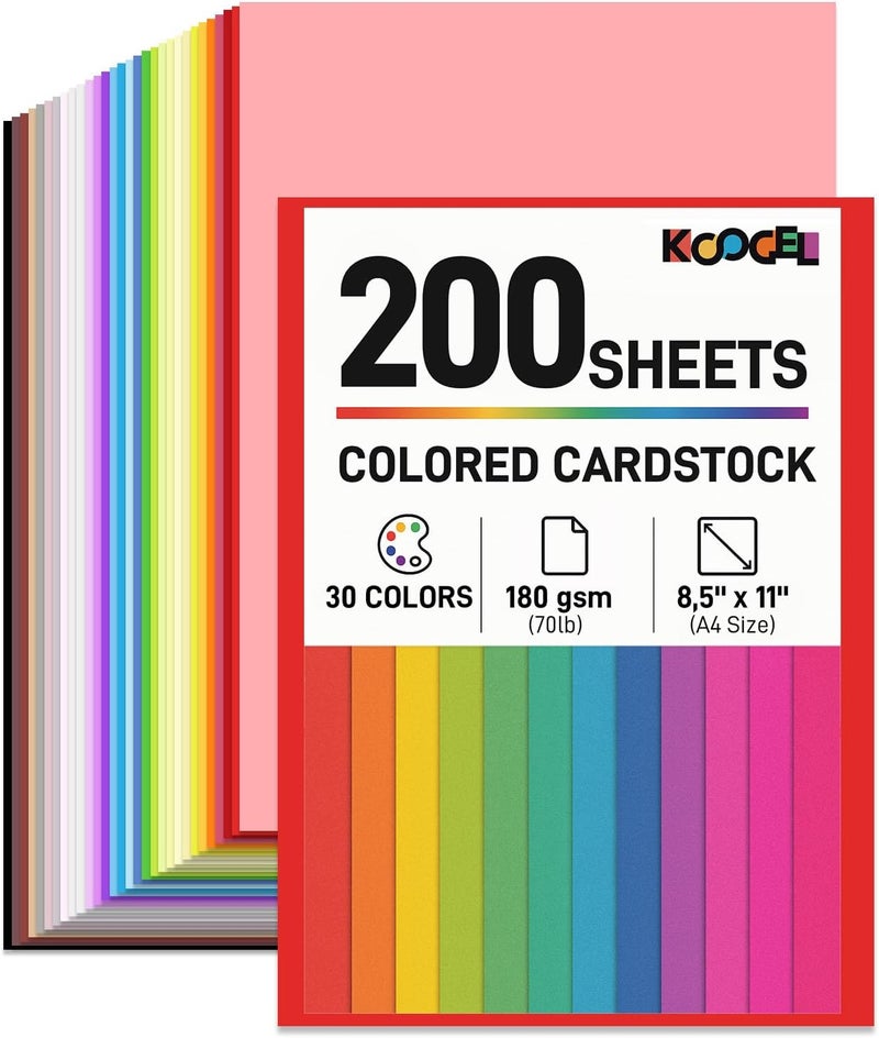 Koogel 200 Sheets Colored Cardstocks, 8.5 x 11 Inches/ 180gsm Art Craft Paper 30 Colors Scrapbook Paper for DIY Crafts Card Making, Scrapbook, Back to School Supplies - Image 1