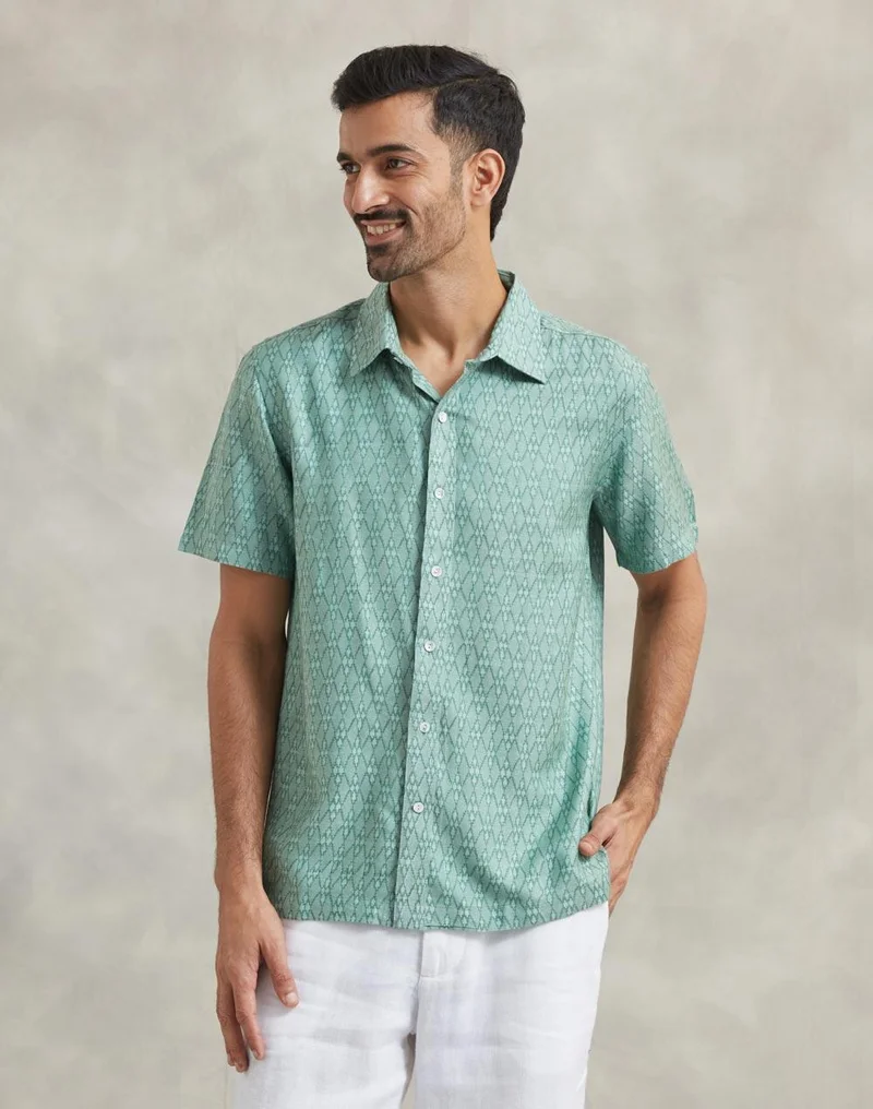 Fabindia Teal Viscose Silk Hand Block Printed Bush Shirt