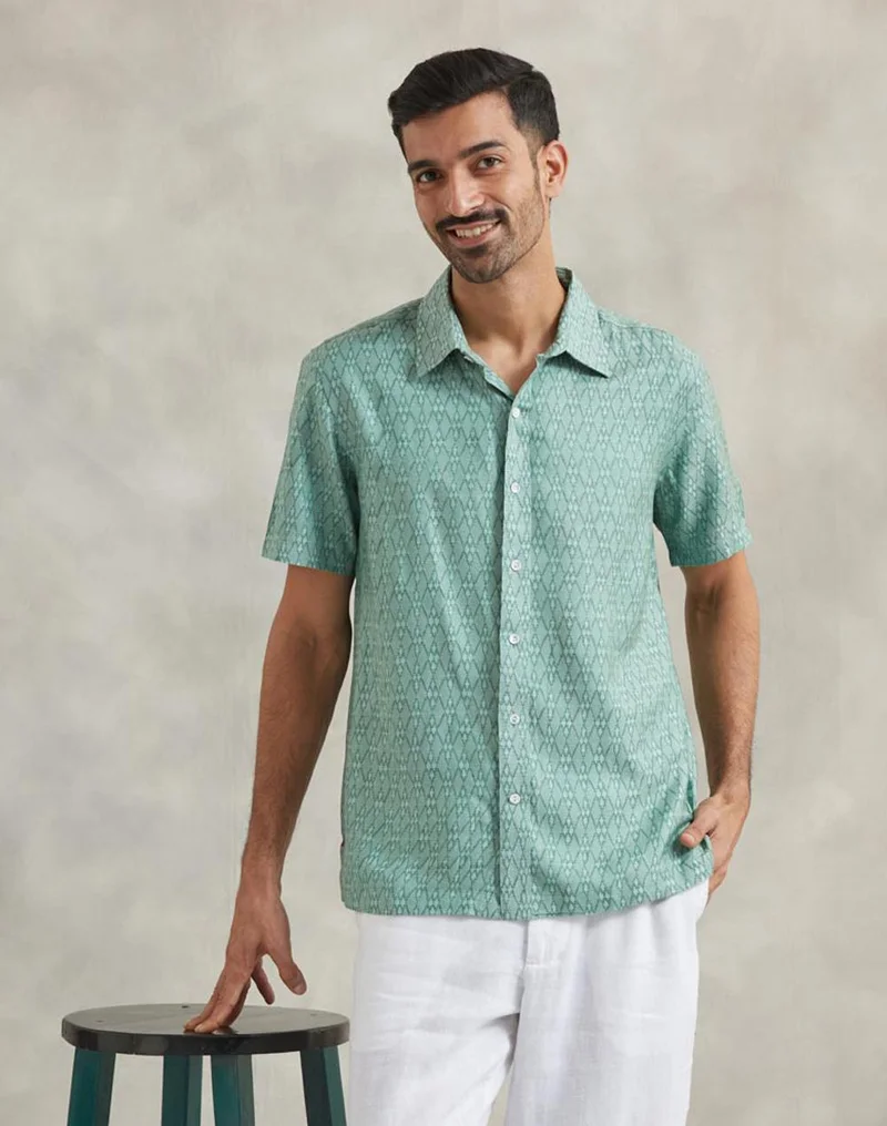 Fabindia Teal Viscose Silk Hand Block Printed Bush Shirt