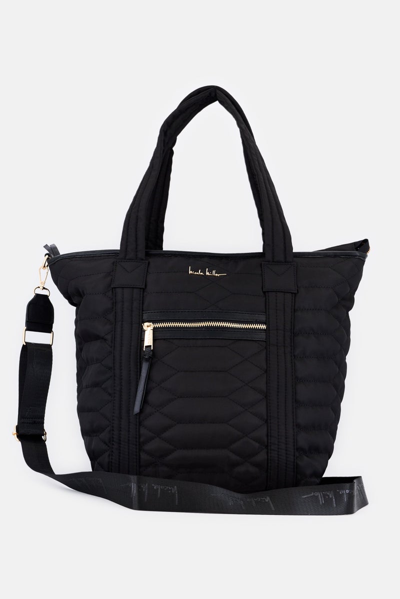 Nicole Miller Women Quilted Hardware Logo Tote Bag, Black - Image 2