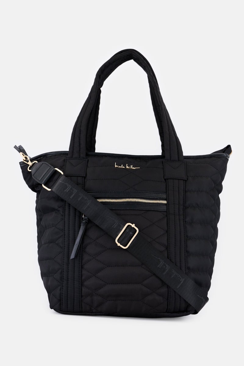 Nicole Miller Women Quilted Hardware Logo Tote Bag, Black - Image 1