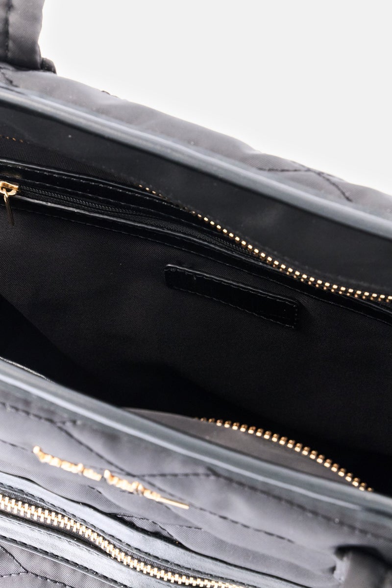 Nicole Miller Women Quilted Hardware Logo Tote Bag, Black - Image 4