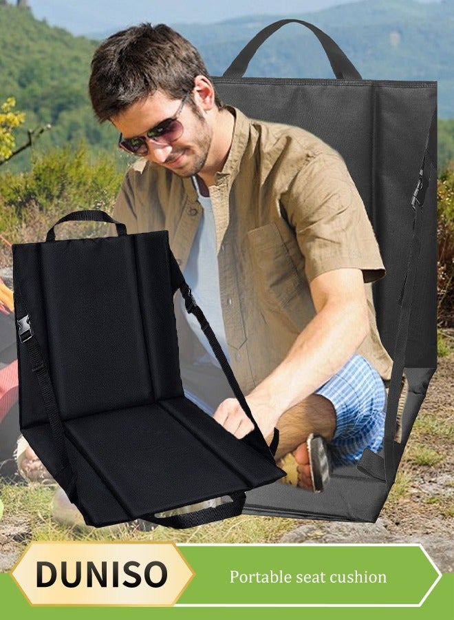 DUNISO Stadium seat cushion, outdoor folding soft cushion floor chair, 600D Oxford cloth waterproof backpack chair, with back support and handle and storage bag, suitable for sports events, camping, beach, fishing, black - Image 1
