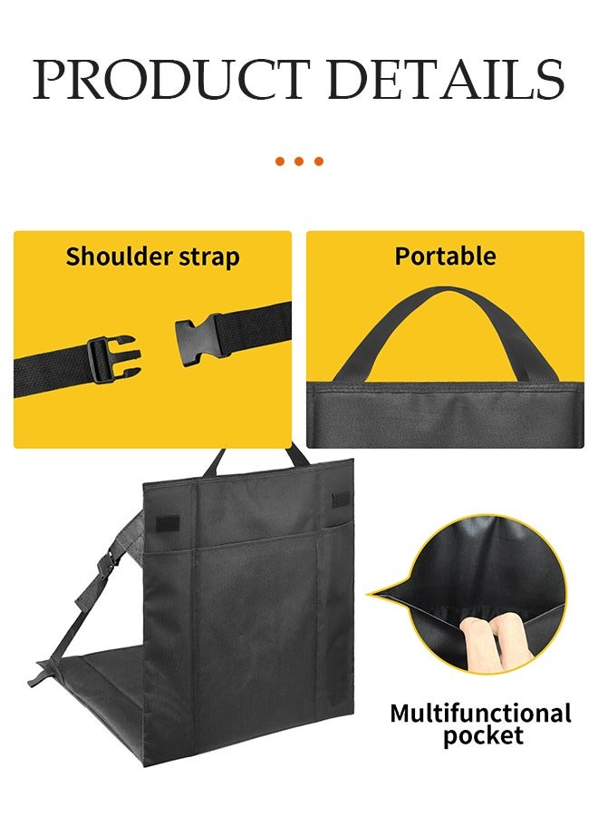 DUNISO Stadium seat cushion, outdoor folding soft cushion floor chair, 600D Oxford cloth waterproof backpack chair, with back support and handle and storage bag, suitable for sports events, camping, beach, fishing, black - Image 2
