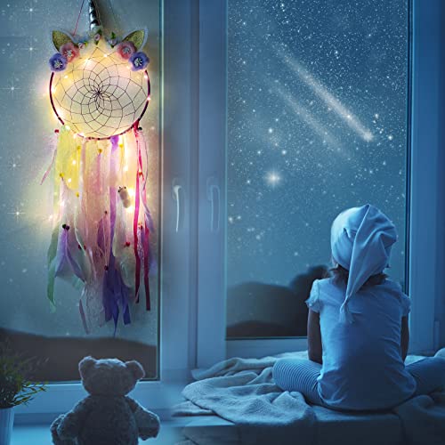 LATT LED Lighted Up Unicorn Dream Catcher Wall Decor Colorful Feather Dreamcather Wall Hanging for Girls Kids Bedroom Decoration (Purple with Light) - Image 3